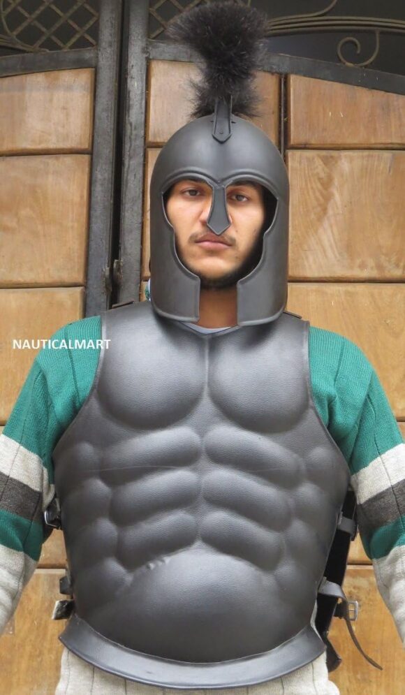 NauticalMart Roman Greek Muscle Armor Cuirass Spartan Costume W/Black Medieval Troy Helmet