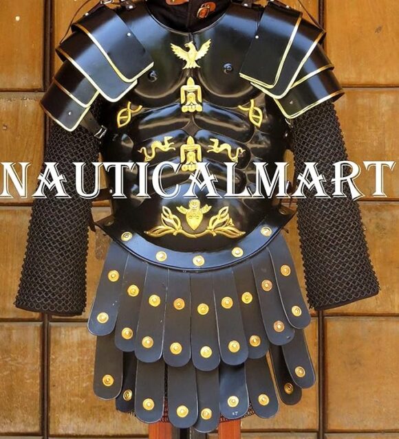 NauticalMart Roman Armour Black Muscle Cuirass Set With Shoulders and Helmet With Plume Halloween Costume