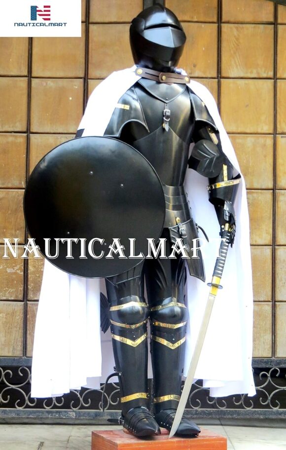 Medieval Knight Suit of Armor Shield, Cloak Combat Blackened Body Armour Replica