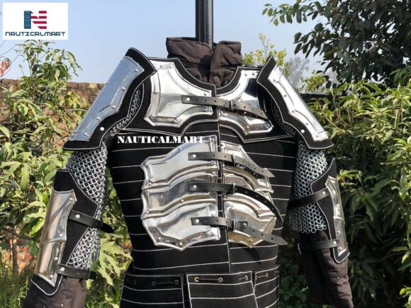 Fafnir Brigandine Set Black Leather Jacket W/Pauldron Leg, Arm Guard Plate Armour LARP Body Armor