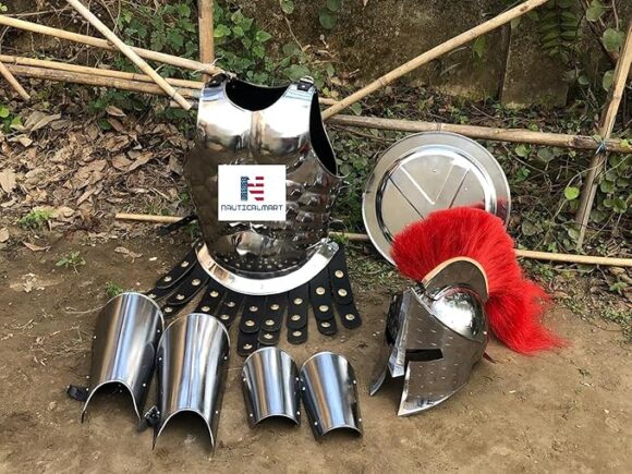 Nautical-Mart Medieval Roman King Leonidas 300 Spartan Helmet W/Red Plume + Muscle Body Armor Cuirass + Shield + Leg Or Arm Guard Silver Halloween Costume