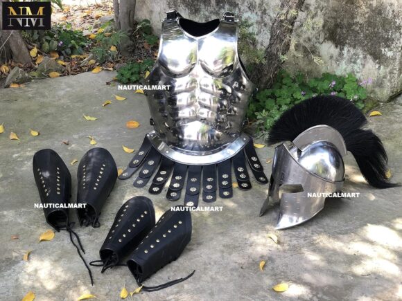 Medieval Roman King Leonidas 300 Spartan Helmet W/Black Plume + Muscle Body Armor Cuirass +Leather Leg Greaves Arm Bracer Halloween Costume SCA LARP - Image 2