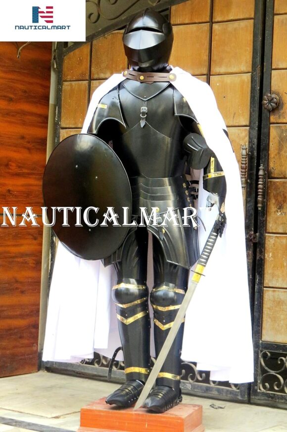 Medieval Knight Suit of Armor Shield, Cloak Combat Blackened Body Armour Replica - Image 5