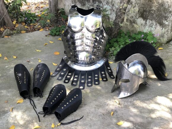 Medieval Roman King Leonidas 300 Spartan Helmet W/Black Plume + Muscle Body Armor Cuirass +Leather Leg Greaves Arm Bracer Halloween Costume SCA LARP