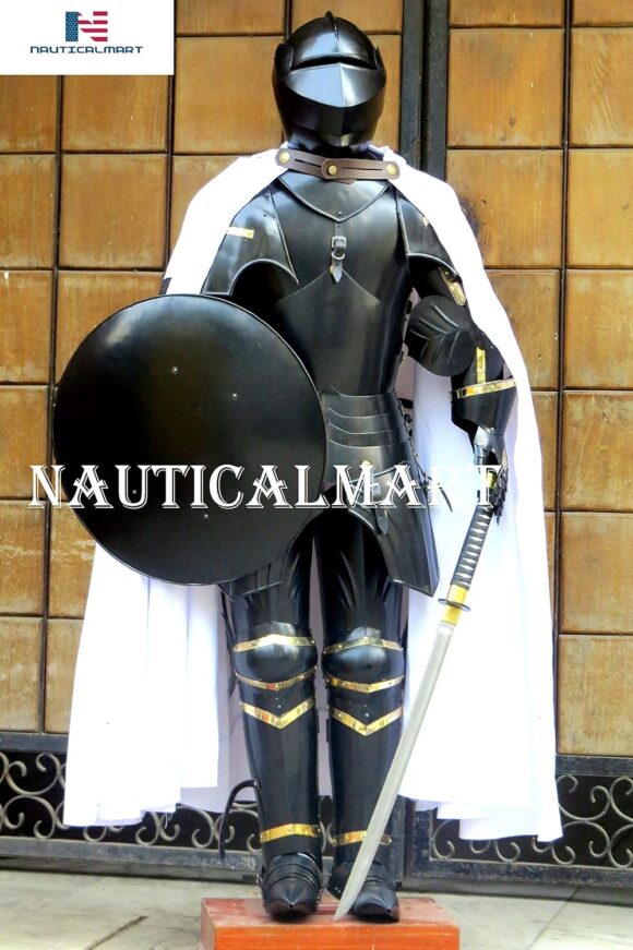 Medieval Knight Suit of Armor Shield, Cloak Combat Blackened Body Armour Replica - Image 4