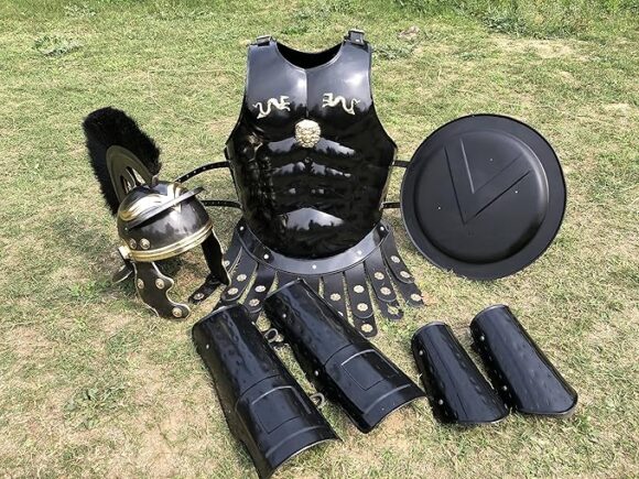 Nautical-Mart Medieval Muscle Body Armor Set Roman Centurion Helmet, Leg & Arm Guard, Shield Halloween Costume (Black Plume)