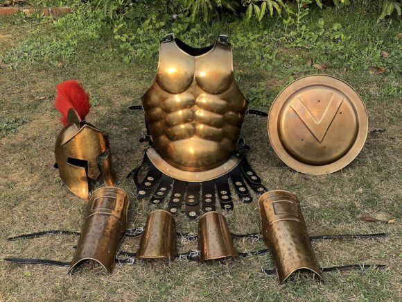 Muscle Armor Breastplate with Greek Spartan Helmet and Leg or Arm Guard - Brass Antique