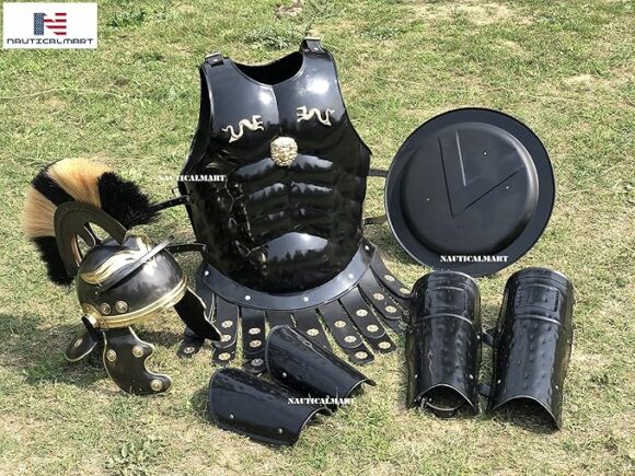 Nautical-Mart Medieval Muscle Body Armor Set Roman Centurion Helmet, Leg & Arm Guard, Shield Halloween Costume (Black Plume) - Image 2