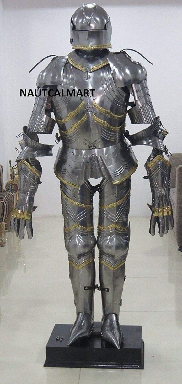 NauticalMart German Gothic Full Suit of Armour with Wooden Display Stand Knight Statue Armour