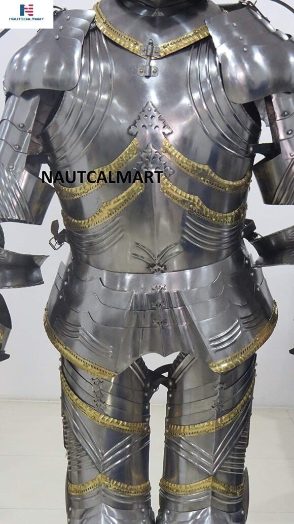 NauticalMart German Gothic Full Suit of Armour with Wooden Display Stand Knight Statue Armour - Image 5