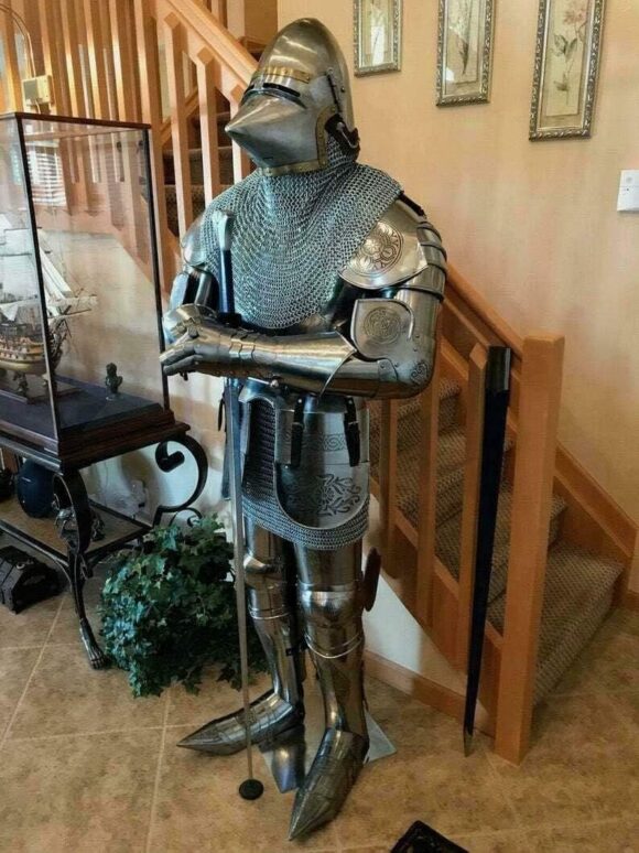 NauticalMart Medieval Face Bascinet Jousting Chainmail W/Scabbard Knight Armor Suit Full Body Suit of Armour - Image 4