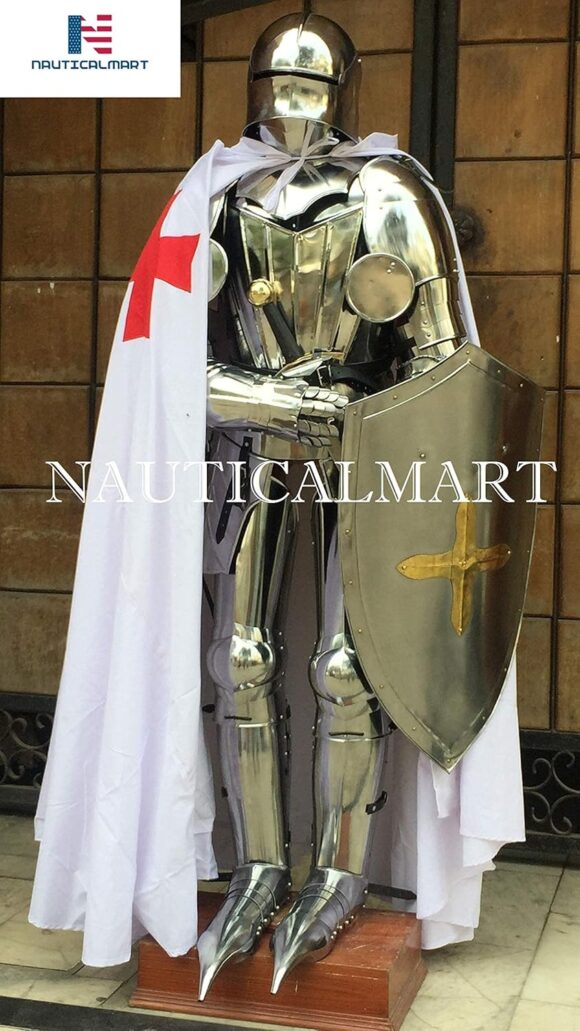 Full Gothic Knight Plate Suit of Armor Breastplate, Backplate, Gorget, Arm & Leg Guard, Shield, Cloak - Image 3