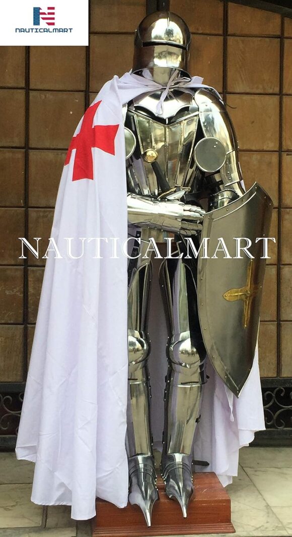 Full Gothic Knight Plate Suit of Armor Breastplate, Backplate, Gorget, Arm & Leg Guard, Shield, Cloak - Image 2