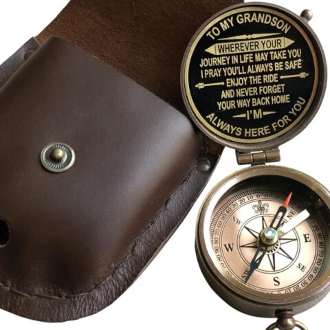 Gift for Grandson Brass Compass Engraved Quote | Memory Present to My Grandson Birthday, Baptism, Graduation, Confirmation, Love, Gift idea by Grandpa Grandma (Grandson - Always Here for You)