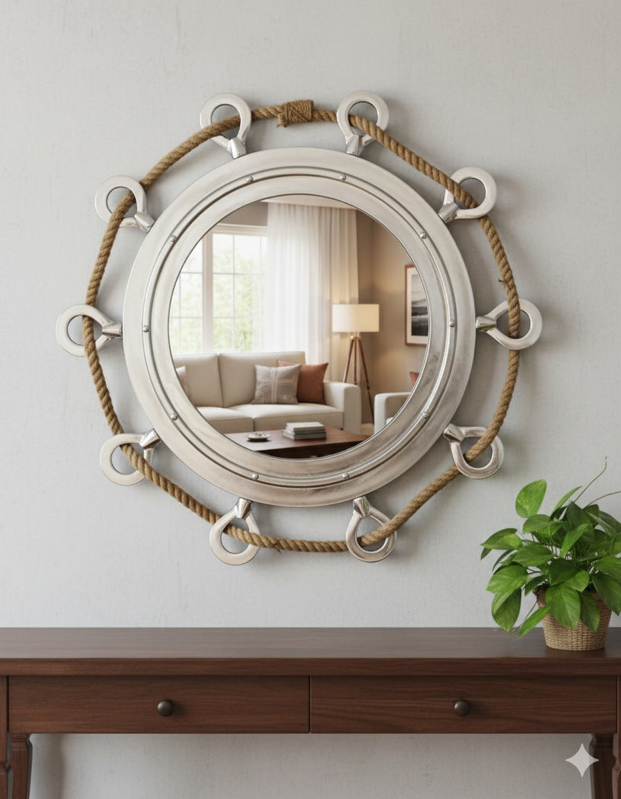 Big Silver Finish Porthole Mirror With Rope Nautical Ships Boat Decor - Image 4