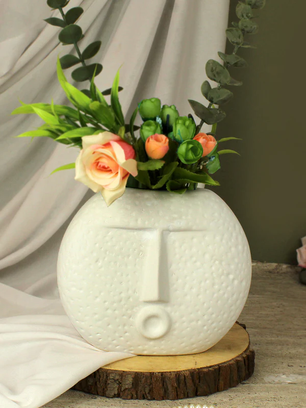 Ceramic Face Vase 6 inches (White, Matte Finish)