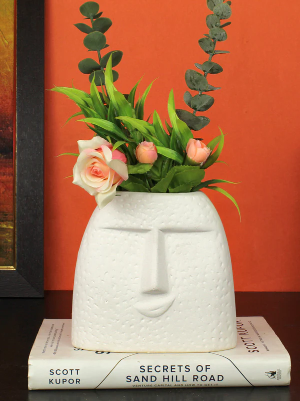 Ceramic Face Vase 6 inches (White, Matte Finish) Flower Pot