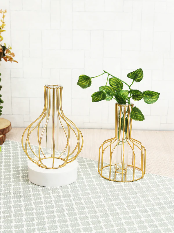 Gold-Toned Metal Base Test Tube Plantter Flower Vase