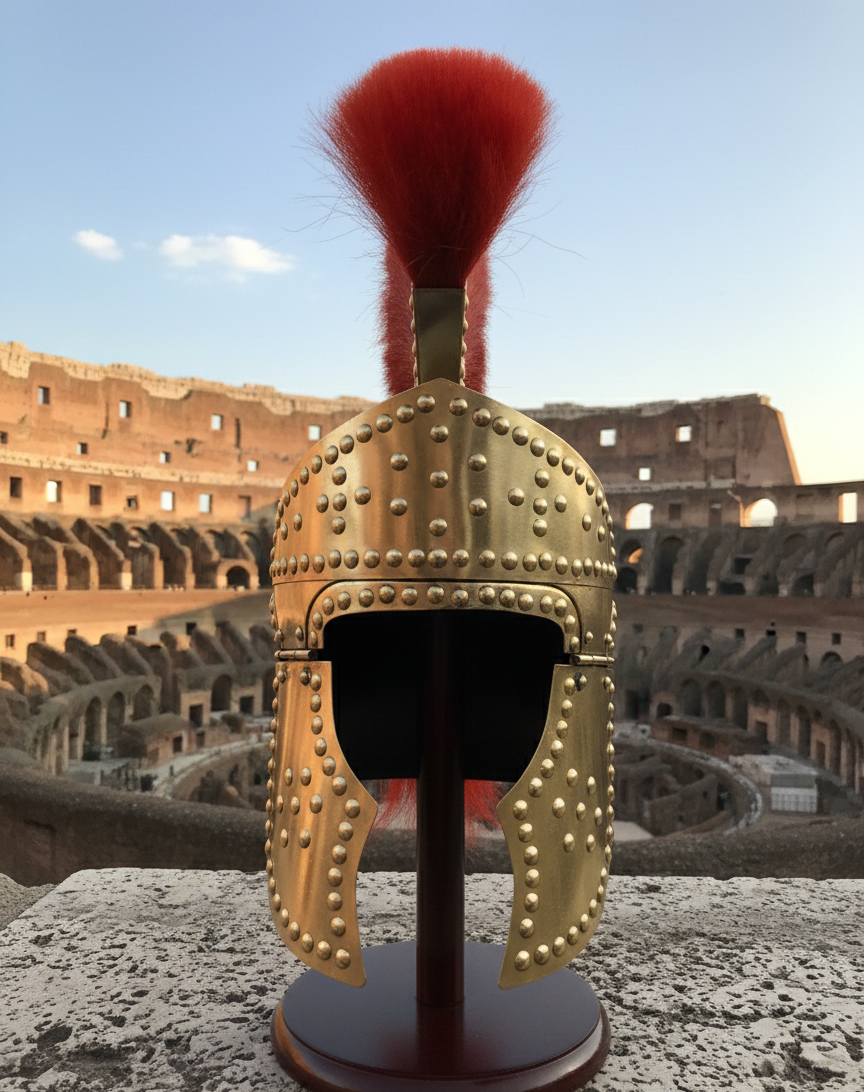 Medieval Greco Roman Helmet With Red Plume Halloween Costume