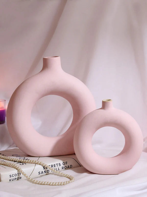 Pink 2 Pcs Donut Shaped Ceramic Flower Vases