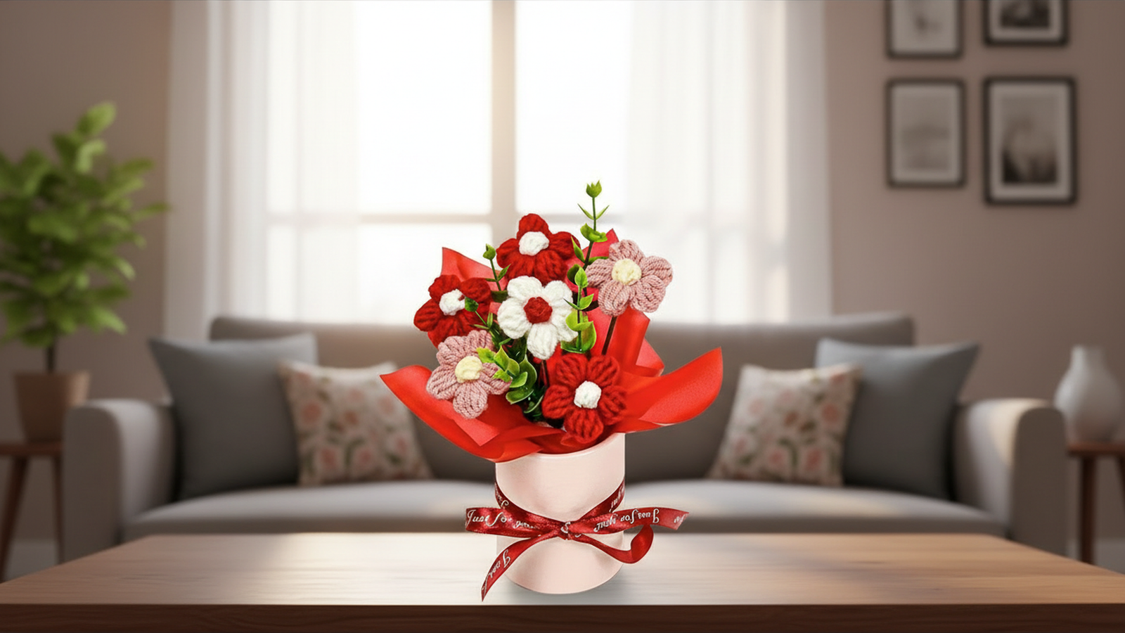 Red Cherry Blossom Crochet Flowers Bouquet (Small Size)