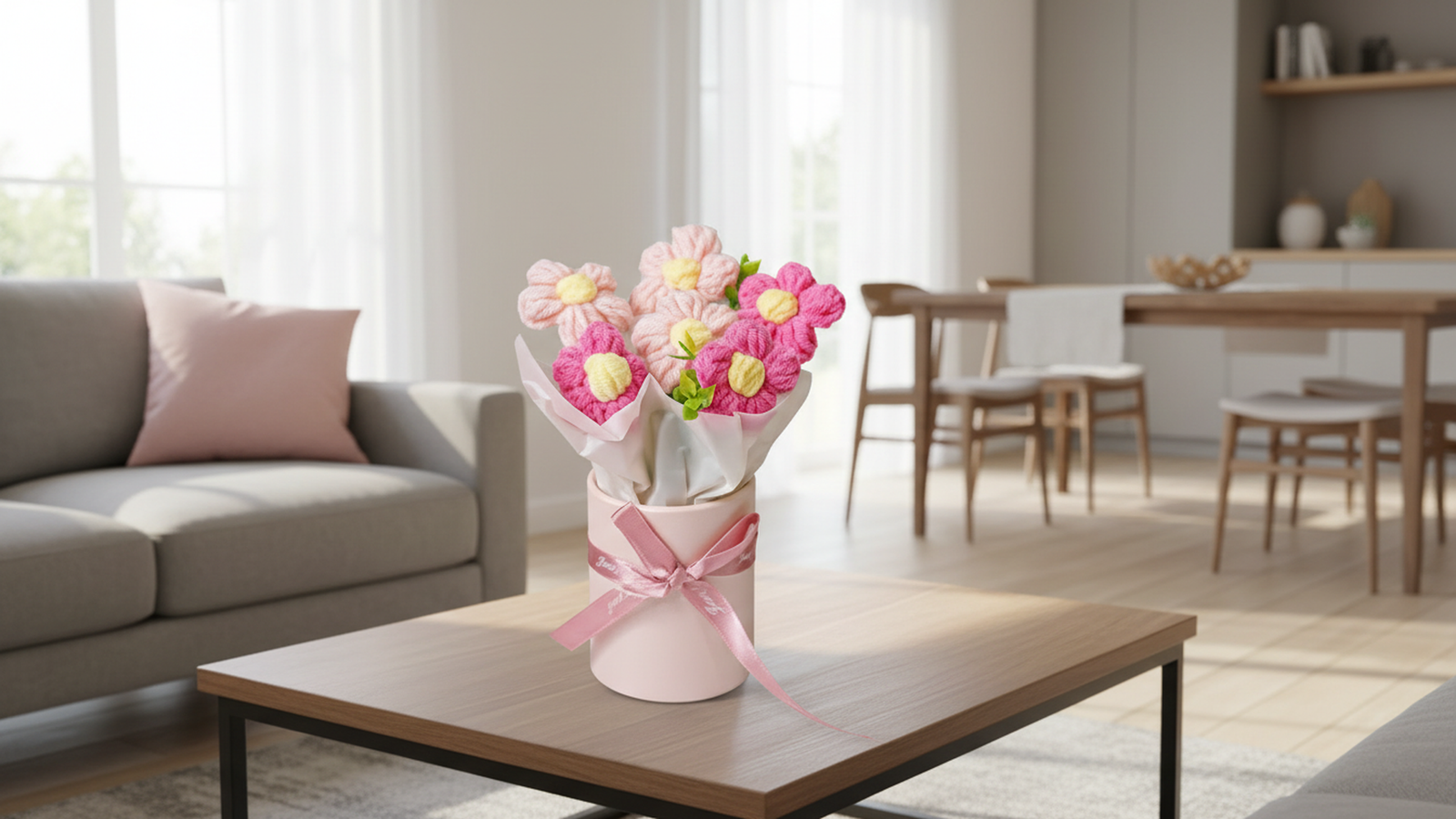 Pink Cherry Blossom Crochet Flowers Bouquet (Small Size)
