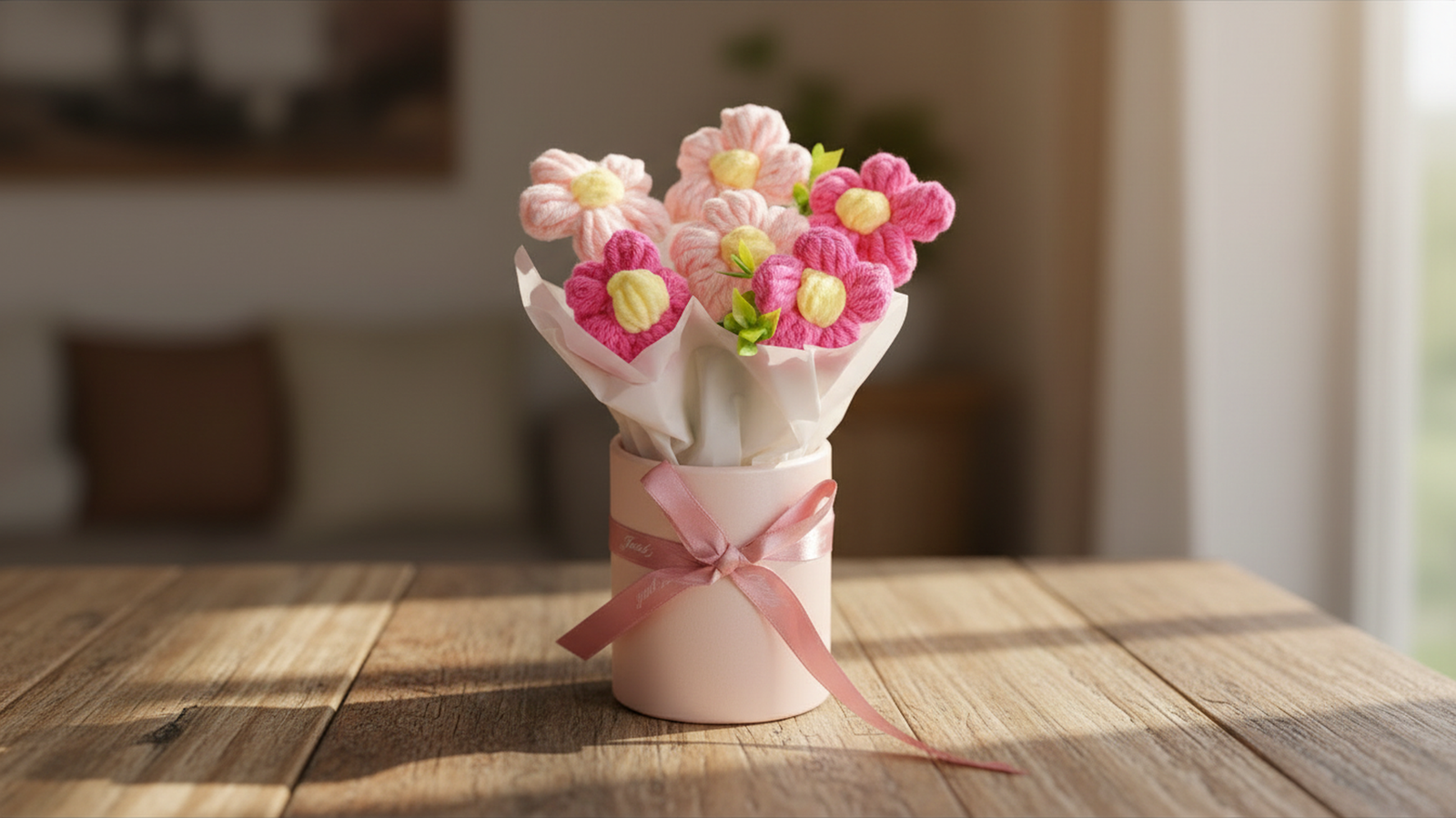 Pink Cherry Blossom Crochet Flowers Bouquet (Small Size) - Image 2