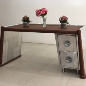 Historium Vault Home Office Wing Desk Aluminium Studded 2 Drawer Handmade Furniture, Mid- Century Aviation Furniture