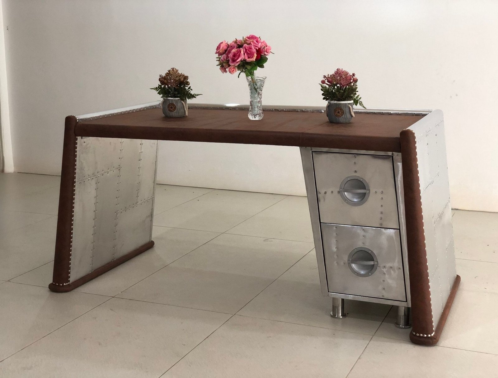 Historium Vault Home Office Wing Desk Aluminium Studded 2 Drawer Handmade Furniture, Mid- Century Aviation Furniture
