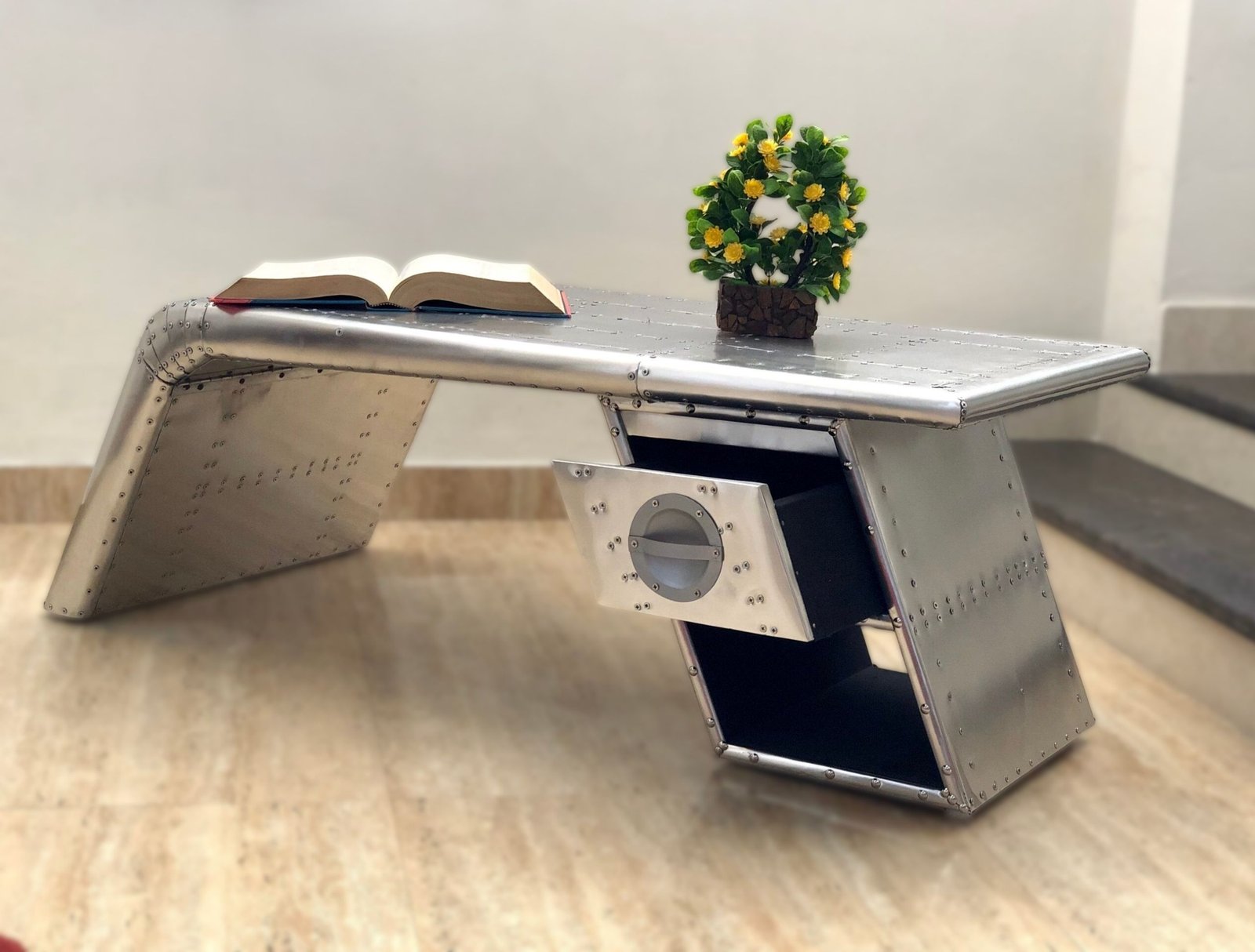 Historium Vault Vintage Aluminium Elegant Aviator Wings Coffee Table Desk with 1 Drawer Silver Metal - Image 5