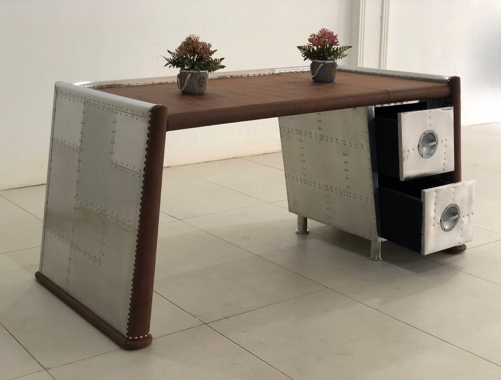 Historium Vault Home Office Wing Desk Aluminium Studded 2 Drawer Handmade Furniture, Mid- Century Aviation Furniture - Image 2