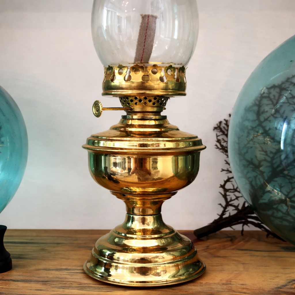 Vintage Brass Hurricane Lantern Table Lamp, Historium Vault Oil Lamp