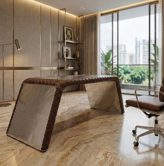 Historium Vault Aviator Wing Desk with Storage Aluminum and Leather Office Desk Silver and Brown