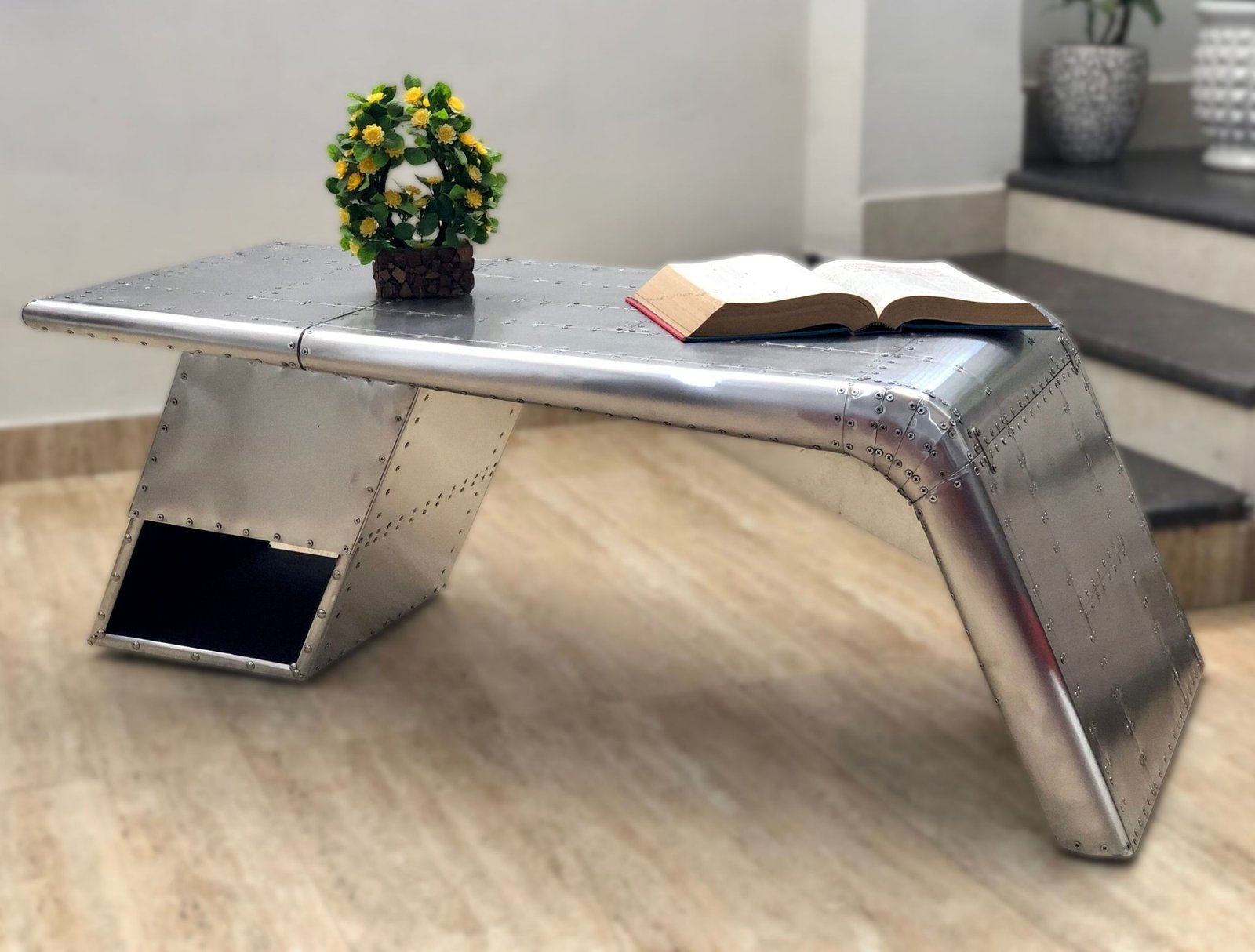 Historium Vault Vintage Aluminium Elegant Aviator Wings Coffee Table Desk with 1 Drawer Silver Metal - Image 4