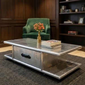 Historium Vault Aviator Coffee Table with Drawers Aluminum Rectangular Center Tea Table Housewarming Gift, Living Room Decoration & Office Furniture