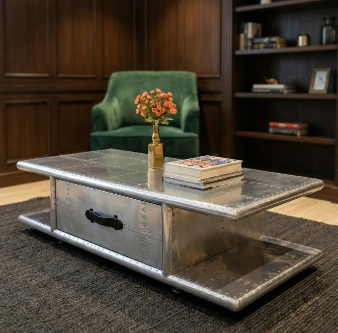 Historium Vault Aviator Coffee Table with Drawers Aluminum Rectangular Center Tea Table Housewarming Gift, Living Room Decoration & Office Furniture