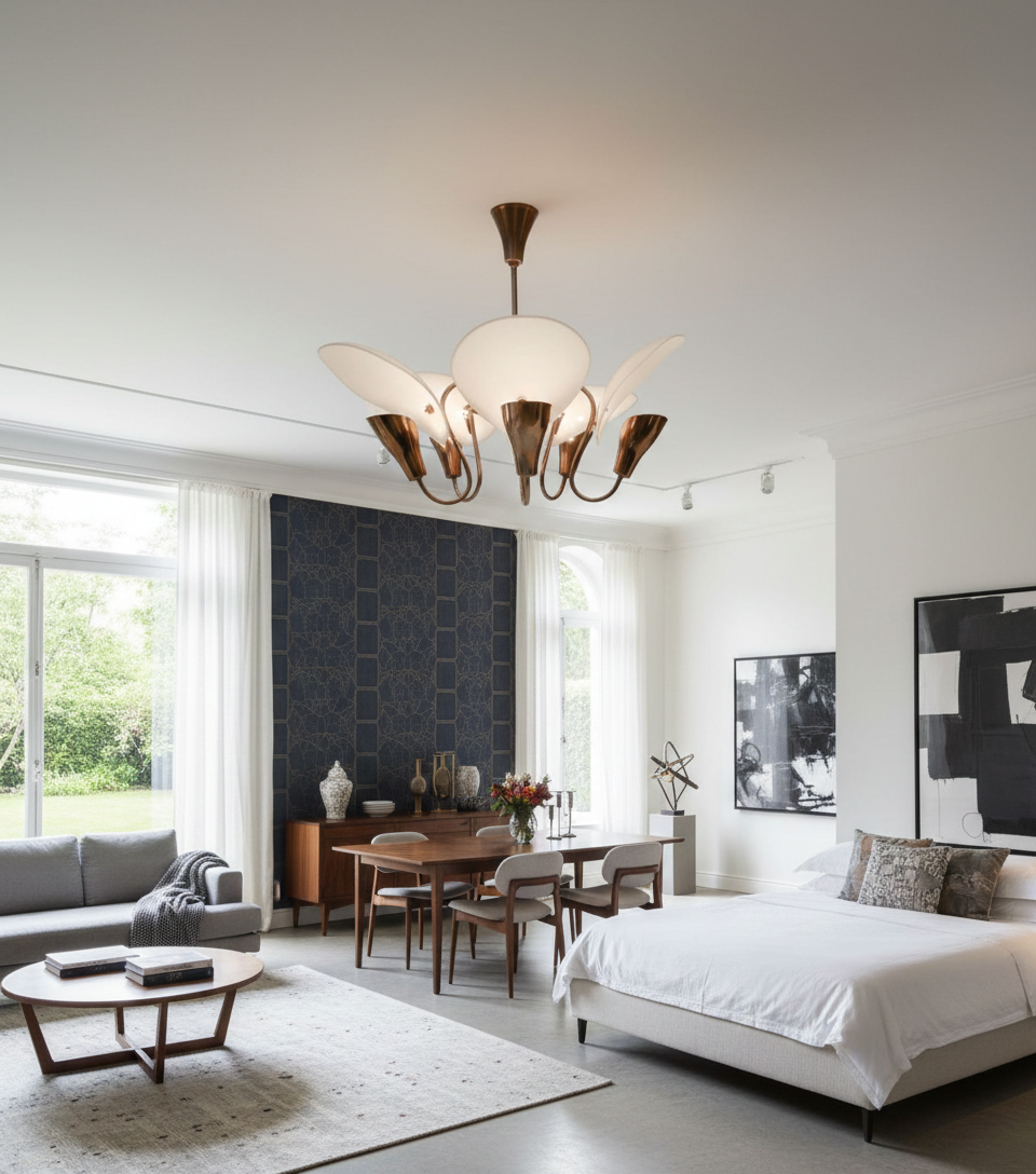 Italian Modern Brass Chandelier Golden And White Stilnovo Style