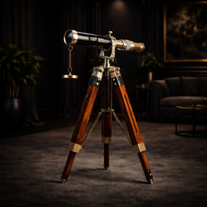 Brown Brass & Wood Antique Telescope with Tripod Stand