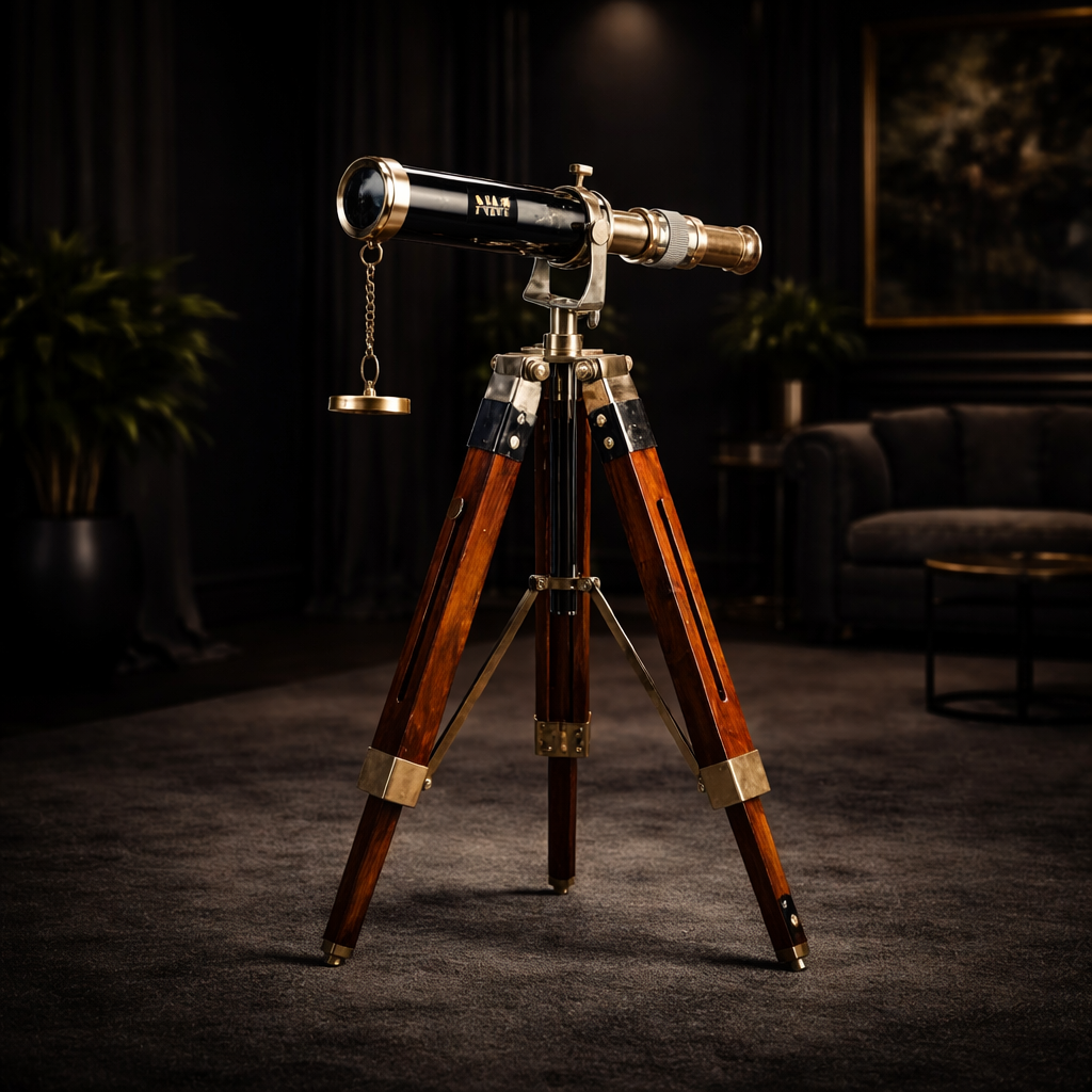 Brown Brass & Wood Antique Telescope with Tripod Stand