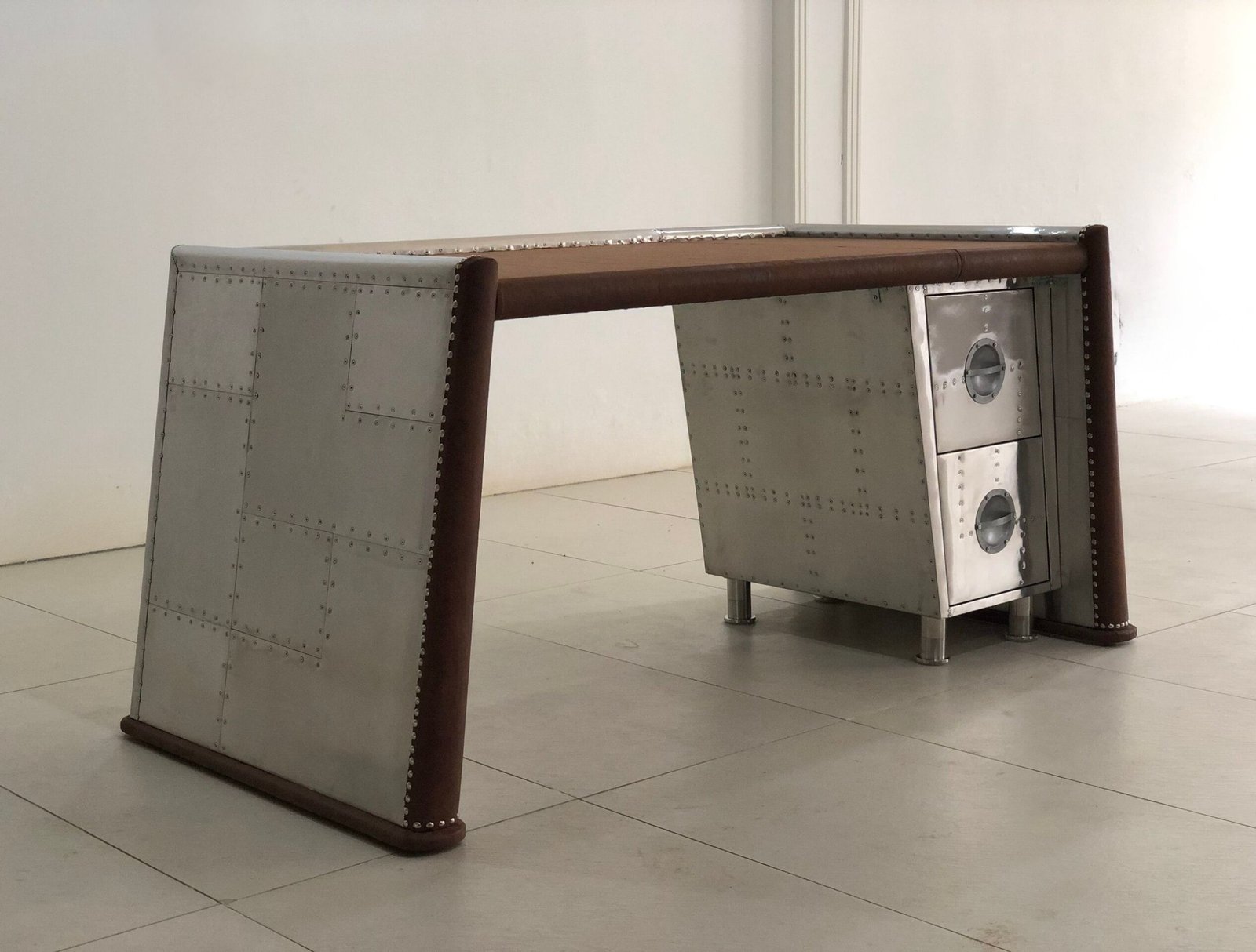 Historium Vault Home Office Wing Desk Aluminium Studded 2 Drawer Handmade Furniture, Mid- Century Aviation Furniture - Image 3