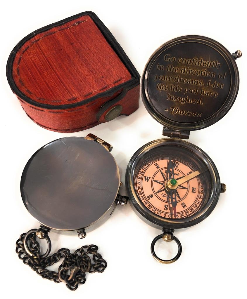 Thoreau_s Go Confidently Quote Engraved Nautical Compass with Stamped Leather case, Camping, Boating, Gift Compasses