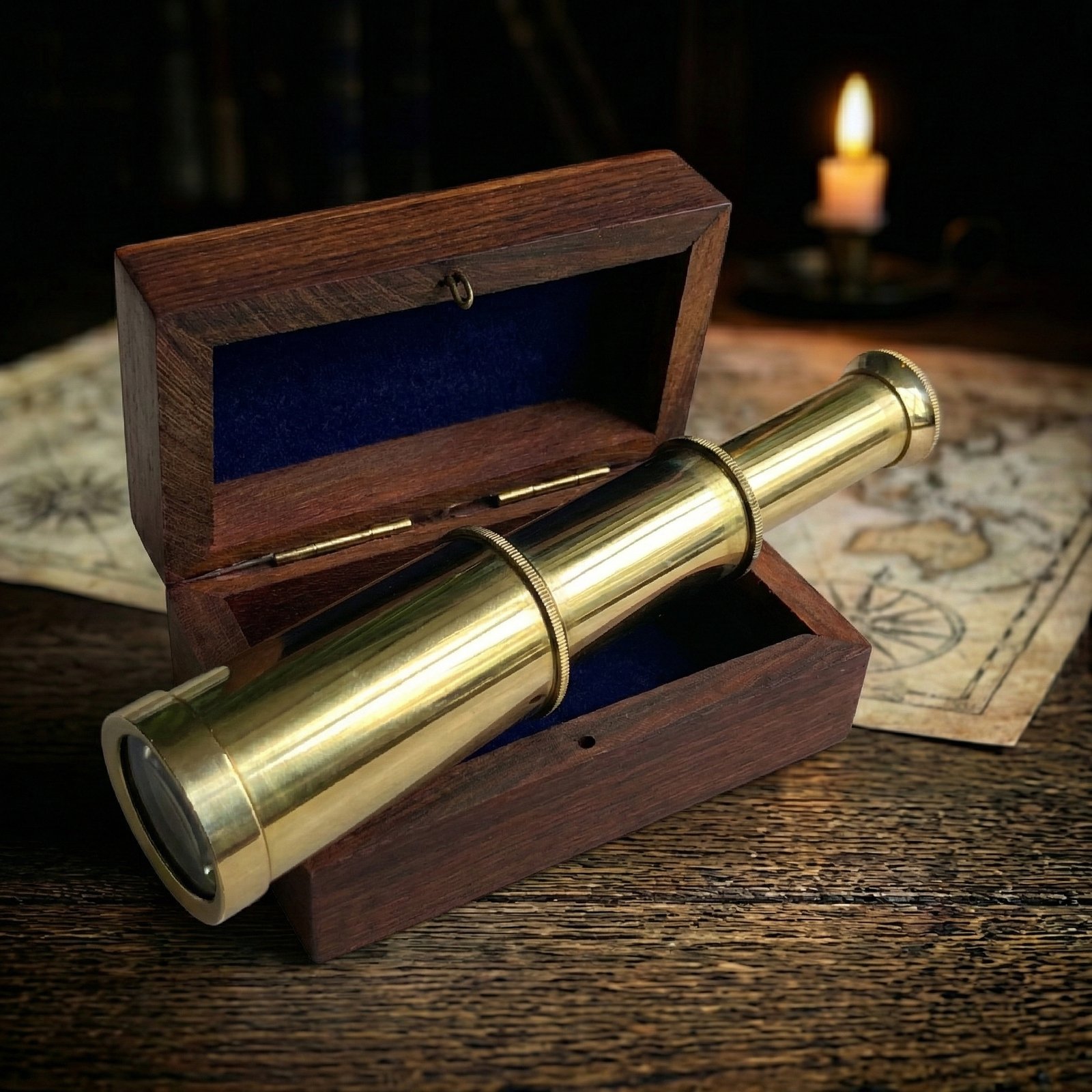 Historium Vault 6 Inch Brass Telescope with Wooden Box for Nautical Collectibles and Pirate Spyglass for Young and Adults, Ideal Decorative Piece for Home or Office