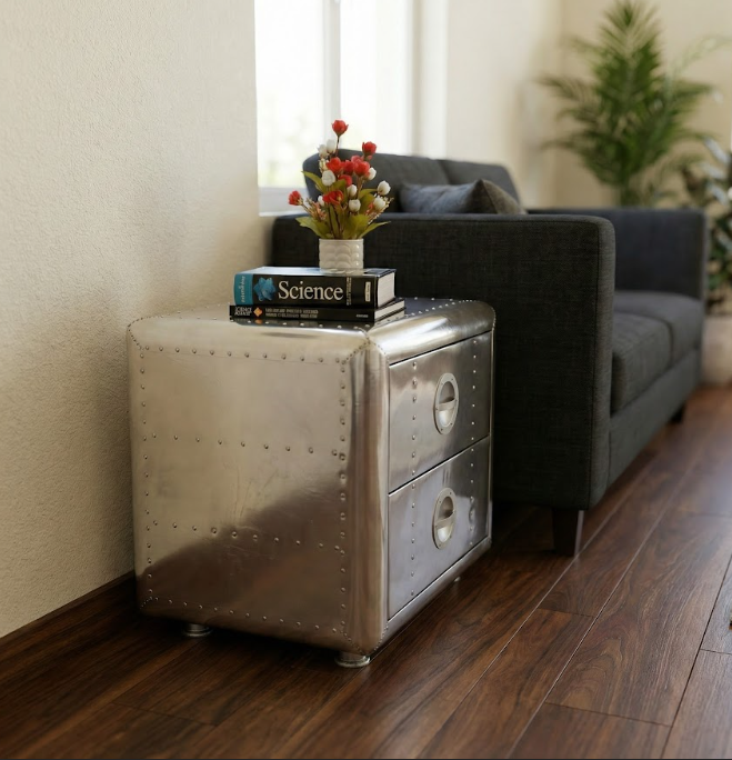 Aviator Side Table Aluminum Drawer End Table Industrial Decor Furniture