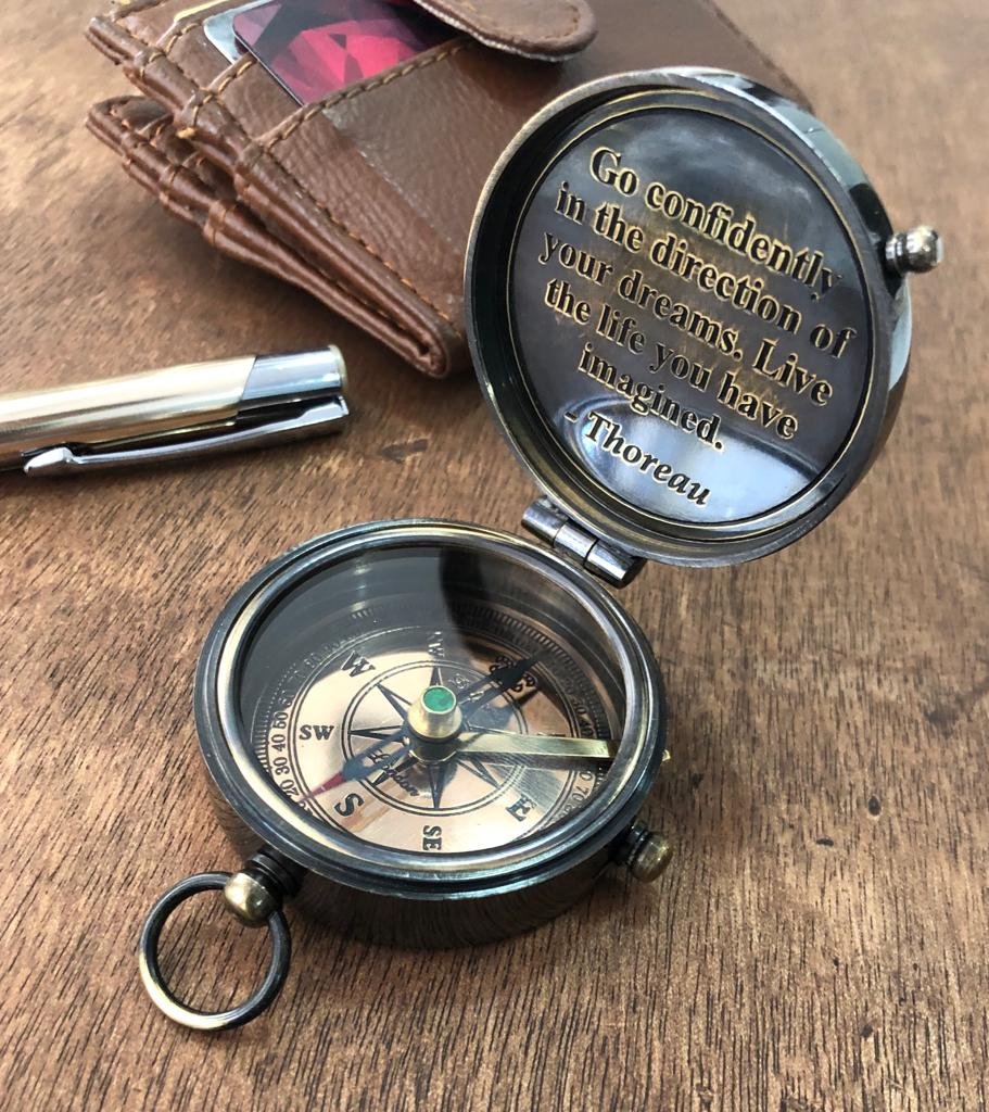 Thoreau_s Go Confidently Quote Engraved Nautical Compass with Stamped Leather case, Camping, Boating, Gift Compasses - Image 2