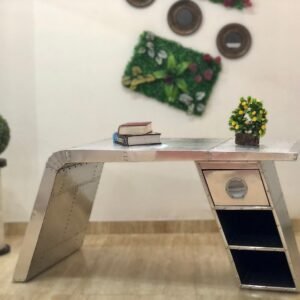 Historium Vault Aviator Wing Desk Aluminium Table Aviation Furniture 1 Drawer 2 Shelves Home and Office Decor Collection