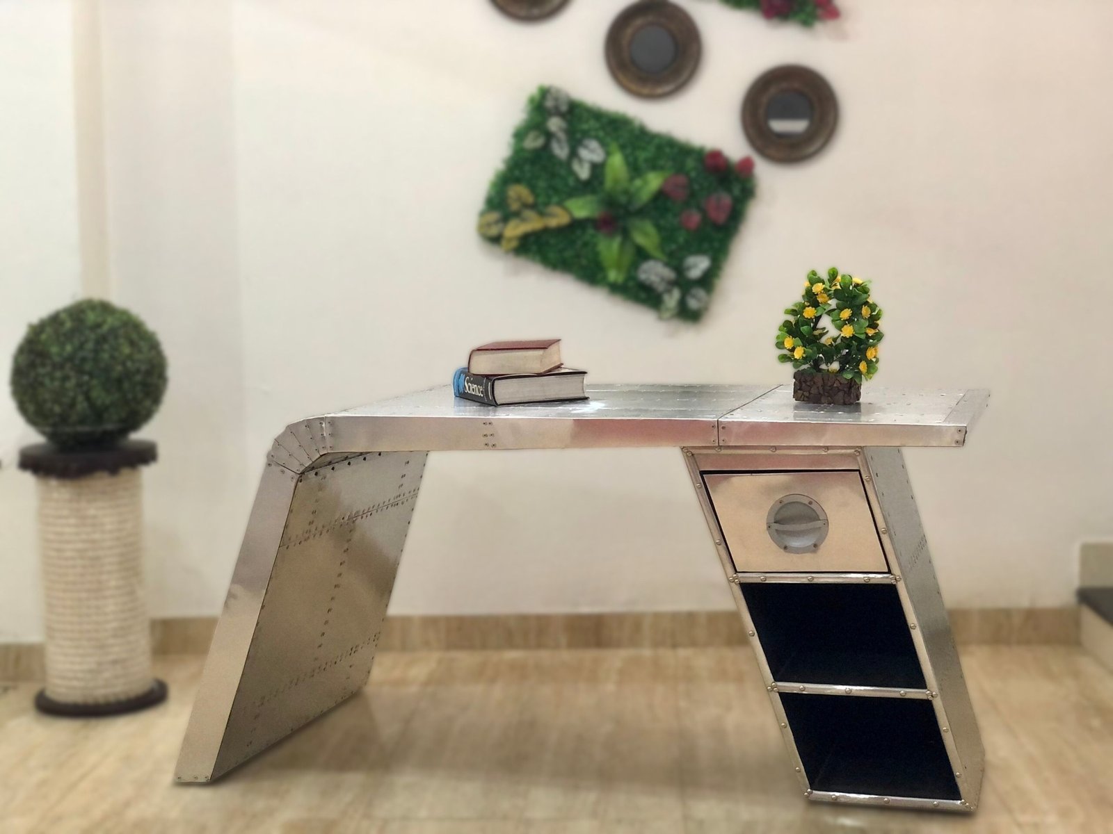 Historium Vault Aviator Wing Desk Aluminium Table Aviation Furniture 1 Drawer 2 Shelves Home and Office Decor Collection
