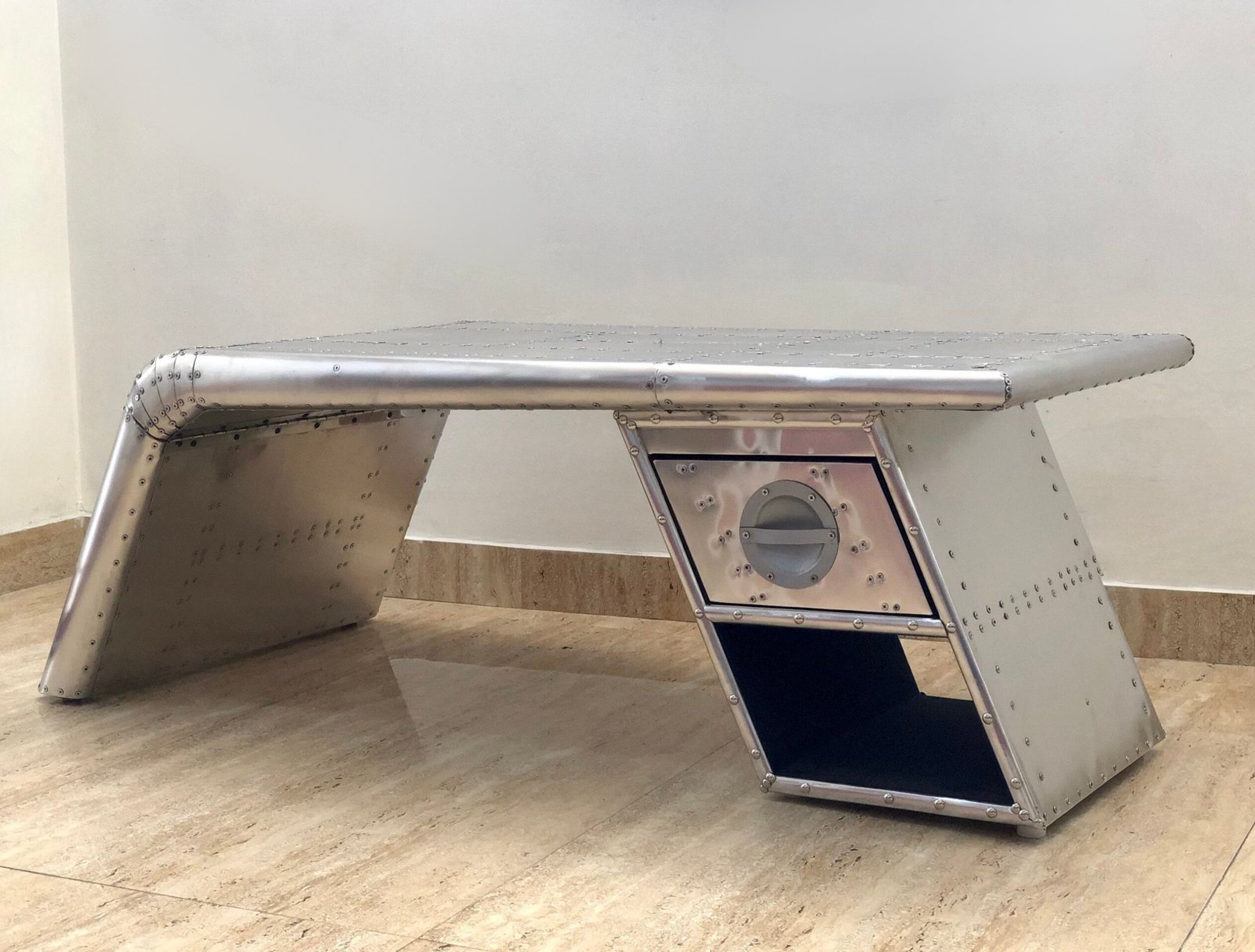 Historium Vault Vintage Aluminium Elegant Aviator Wings Coffee Table Desk with 1 Drawer Silver Metal - Image 2