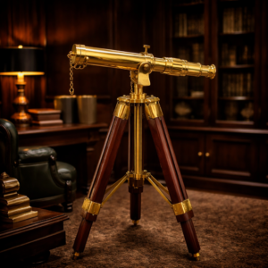 Vintage Single Barrel 16′ Floor Standing Brass Telescope with Adjustable Tripod Wooden Stand