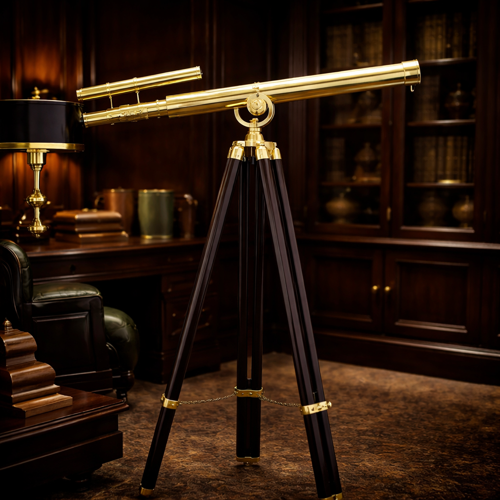 Vintage Antique Style Griffith Solid Brass Double Barrel Floor Standing Telescope with Black Wooden Tripod Stand