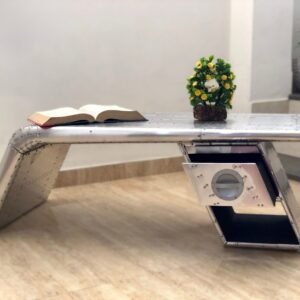 Historium Vault Vintage Aluminium Elegant Aviator Wings Coffee Table Desk with 1 Drawer Silver Metal
